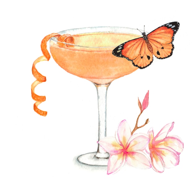 Foto mão-extraídas ilustração aquarela de verão fresco cocktail com borboleta e decoração floral.