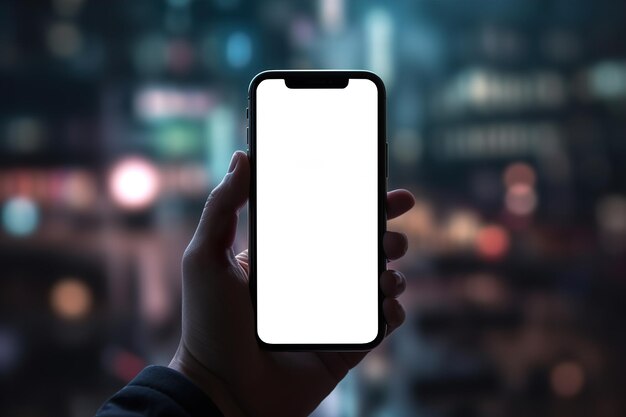 Mão fechada segurando smartphone com maquete de tela vazia