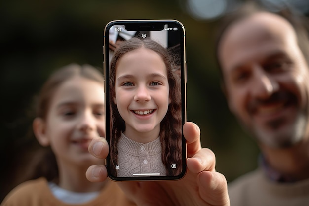 Mão fechada segurando smartphone com videochamada familiar na tela