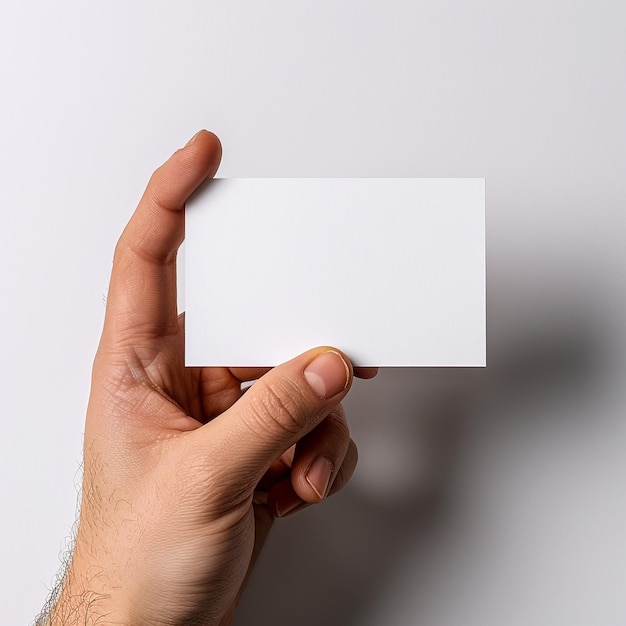 Mão feminina com cartão de convite em branco em fundo claro