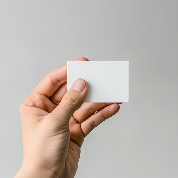 Mão feminina com cartão de convite em branco em fundo claro