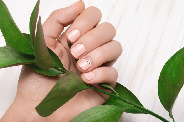 Mão feminina com desenho de unhas rosa. Mão feminina rosa com folha verde na superfície branca.