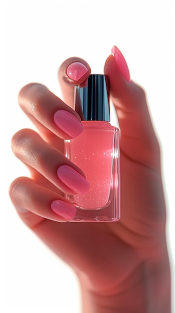 Mão feminina com manicure francesa segurando garrafa de esmalte de unhas rosa Vertical Mobile Wallpaper