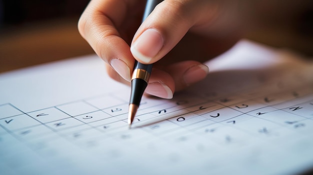 Mão feminina com marca de caneta na data do calendário