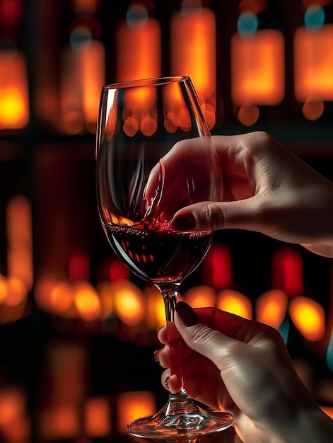 Mão feminina em close-up girando vinho vermelho em copo de vinho Experto em degustação de vinho classificação de IA generativa