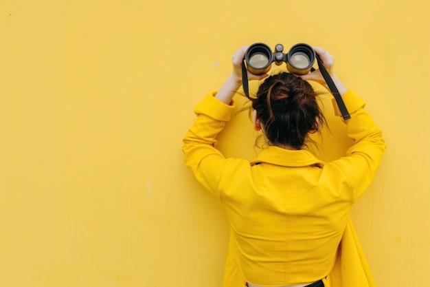 Foto mão feminina segura binóculos pretos isolados em fundo amarelo