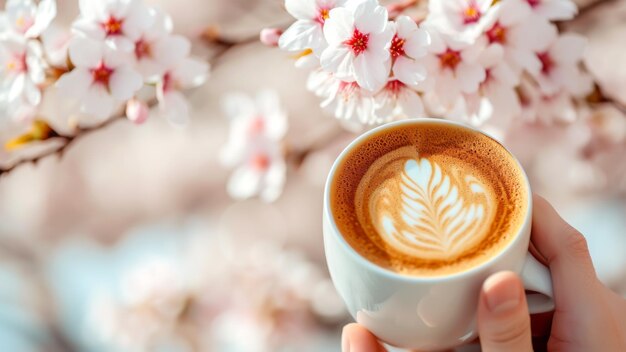 Mão feminina segura uma xícara de café perto de flores de cerejeira em flor