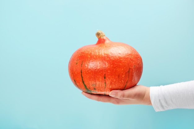 Foto mão feminina segurando abóbora laranja madura