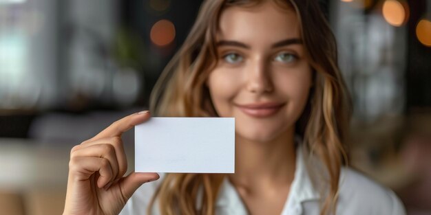 Mão feminina segurando cartão de visita branco com desconto ou panfleto em fundo rosa com espaço de cópia Modelo para o seu design