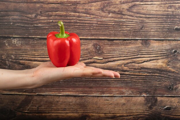 Mão feminina segurando o pimentão vermelho em uma superfície de madeira