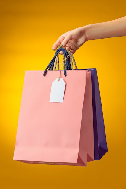 Mão feminina segurando sacolas de compras brilhantes em amarelo