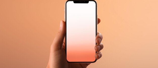 Foto mão feminina segurando smartphone com tela em branco em mockup de fundo laranja