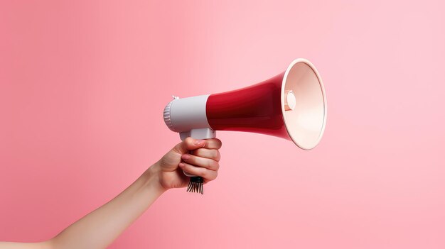 Mão feminina segurando um megafone branco em um fundo rosa