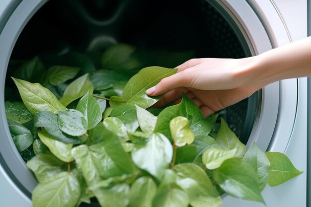 Mão feminina tirando algumas folhas verdes da máquina de lavar moderna Limpeza ecológica conceito de lavagem ecológica Limpeza doméstica bio-natural ecológica tema de limpeza de primavera