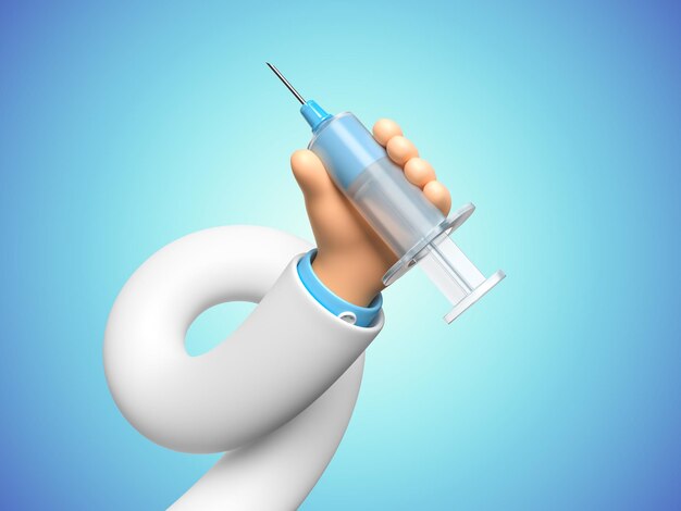 Mão flexível de médico de desenho animado engraçado com um clip-art de seringa isolado em fundo azul 3d render