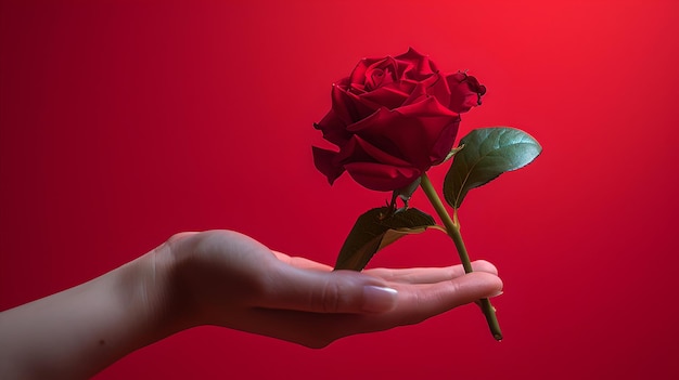 Mão graciosa apresentando uma única rosa vermelha contra um fundo vermelho vibrante perfeito para conceitos românticos AI elegante e simples