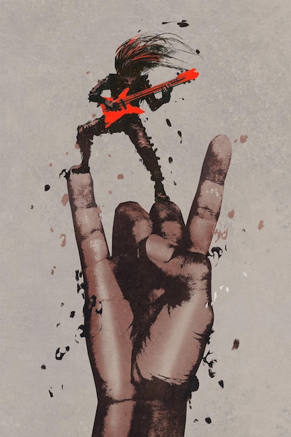 mão grande em sinal de rock n roll com guitarrista, ilustração em pintura