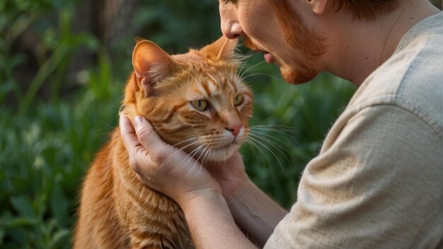 Mão humana a acariciar ternamente um gato roxo