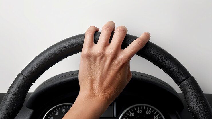 Foto mão humana colocada no volante de um carro isolado em um fundo branco visto do motorista