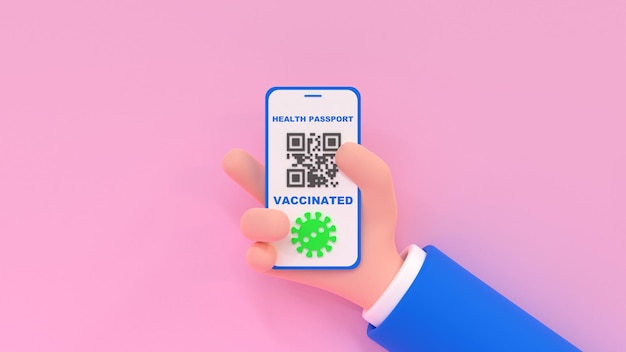 Mão humana de desenho animado segurando smartphone com o aplicativo de passaporte de saúde 3d render ilustração