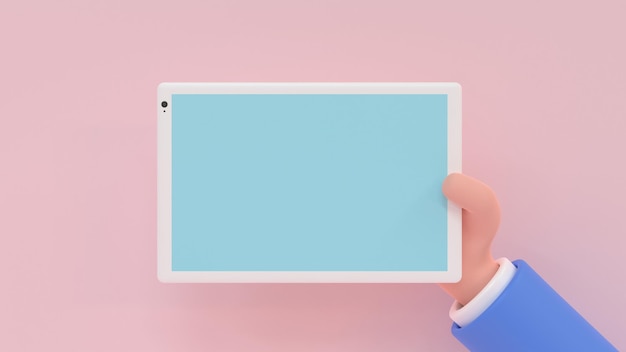 Foto mão humana dos desenhos animados segurando o tablet digital. ilustração de renderização 3d