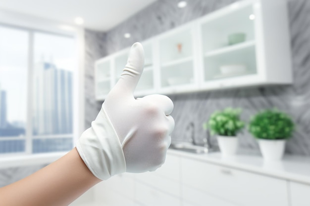 Mão humana em uma luva de látex branca mostrando polegares em um fundo de cozinha desfocado