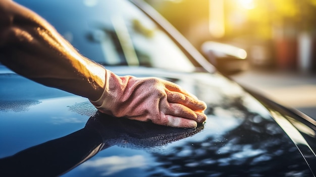 Mão humana mostrando limpar e lavar o carro