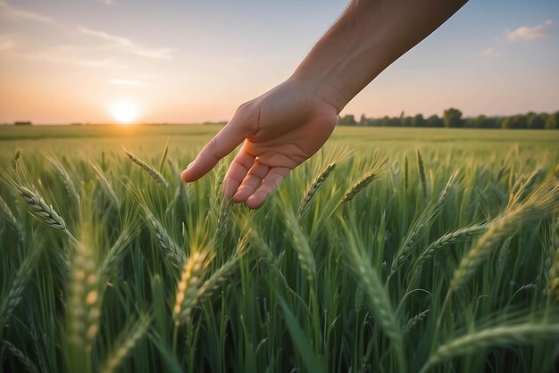 Foto mão humana movendo-se através do campo verde da grama mão masculina tocando um trigo jovem no campo de trigo durante o pôr do sol mão de menino tocando o trigo durante o pouso do sol