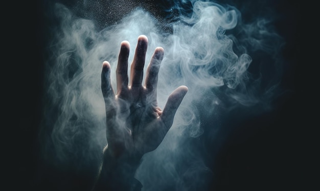 Mão humana na fumaça em um fundo escuro