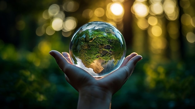 Mão humana segurando delicadamente o globo transparente que simboliza a conservação ambiental