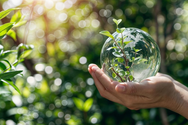 Mão humana segurando um globo de vidro com árvore verde no fundo da natureza