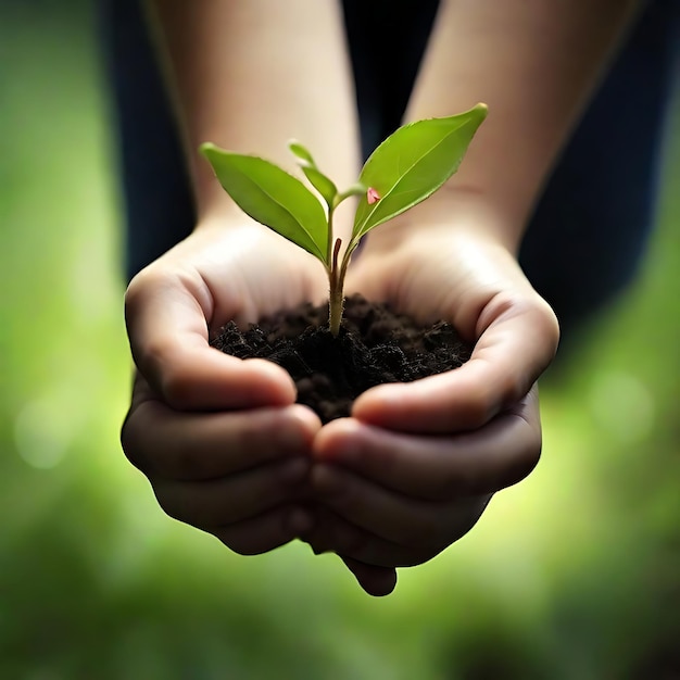 Mão humana segurando uma pequena muda alimentando uma nova vida AI