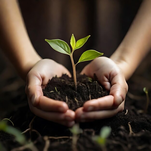 Mão humana segurando uma pequena muda alimentando uma nova vida AI