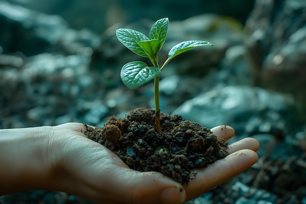 Mão humana segurando uma planta jovem em solo fértil simbolizando crescimento e ecologia