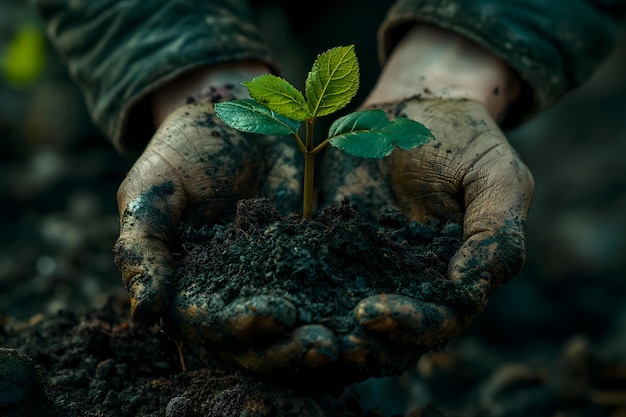 Mão humana segurando uma planta jovem em solo fértil simbolizando crescimento e ecologia