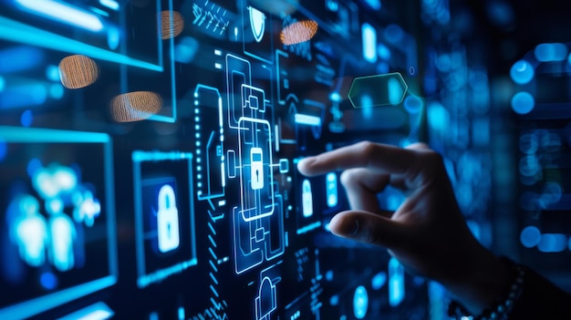 Mão interagindo com sistema de segurança biométrica avançado