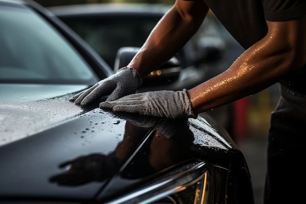 Mão limpando um carro preto com pano de microfibra AI