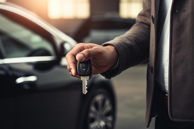 Mão masculina abrindo a porta do carro pela chave do carro