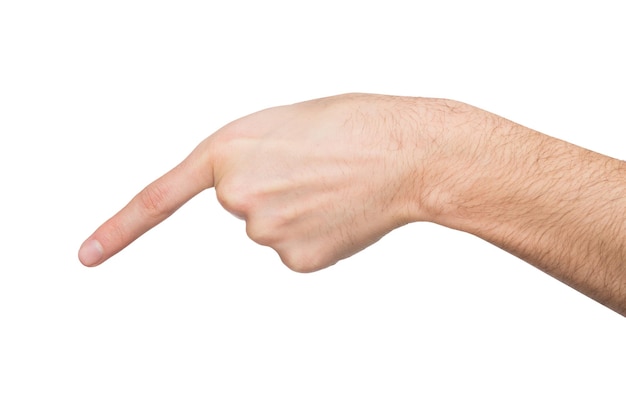 Mão masculina apontando para um objeto virtual com o dedo indicador isolado no fundo branco, close-up, recorte, espaço de cópia