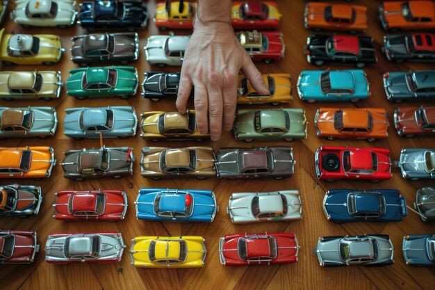 Foto mão masculina arranjando carros de brinquedo coloridos no chão de madeira