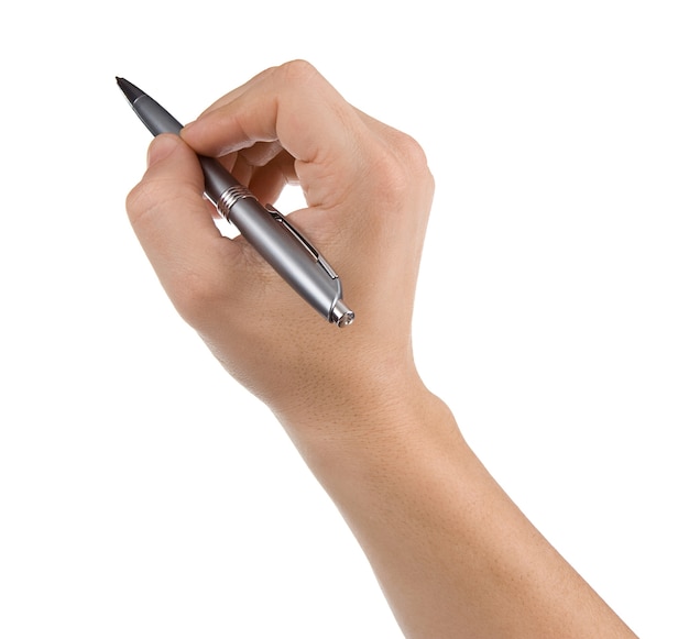 Mão masculina com caneta isolada no fundo branco