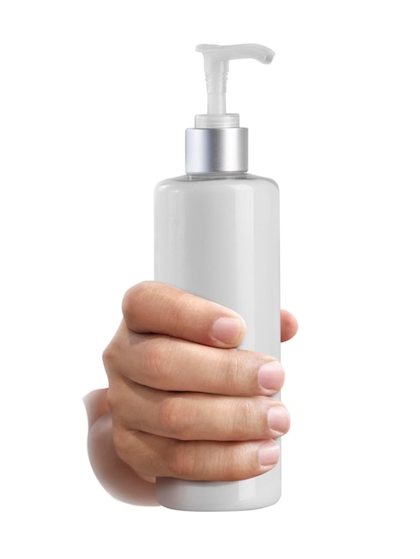 mão masculina com garrafa de cosméticos fundo transparente