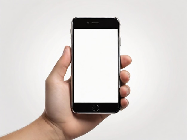 Mão masculina mostrando smartphone com maquete de tela branca em branco