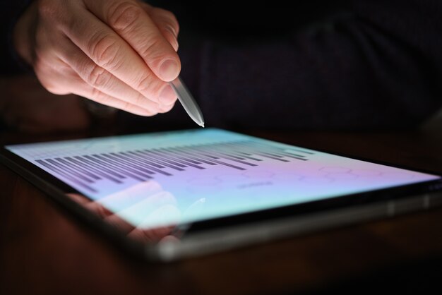 Mão masculina segura a caneta sobre a tela do tablet com gráficos comerciais no escuro