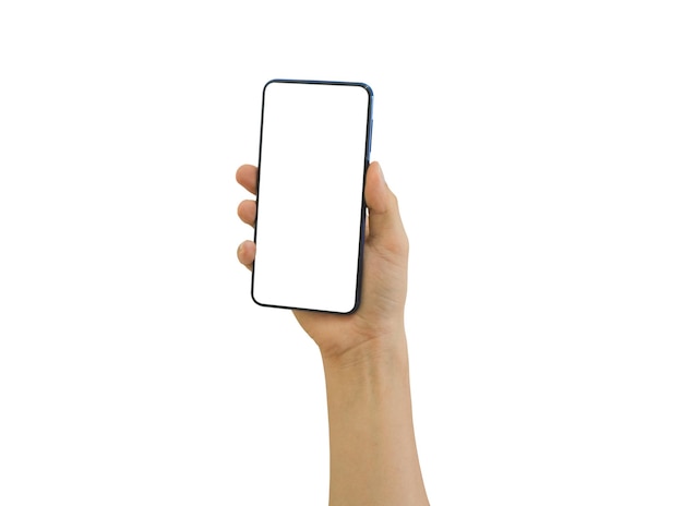 Mão masculina segurando smartphone móvel com tela em branco isolada no caminho de recorte de fundo branco inclui