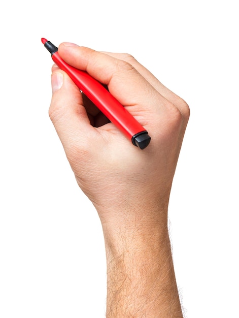 Foto mão masculina segurando um marcador vermelho isolado no fundo branco