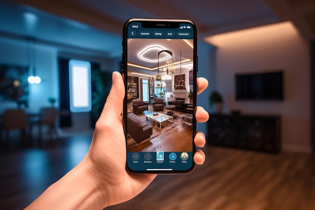 mão masculina segurando um smartphone com aplicativo de hotel na tela renderização 3D