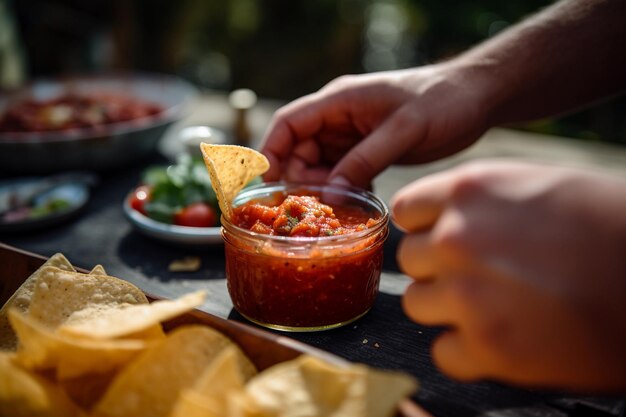 Mão mergulhando em molho de nachos com guacamole