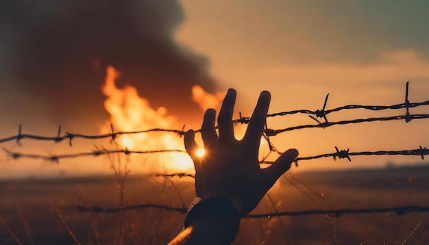 Foto mão na cerca de arame farpado e o fogo queimando atrás