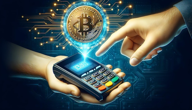 Mão oferecendo criptomoeda para pagamento